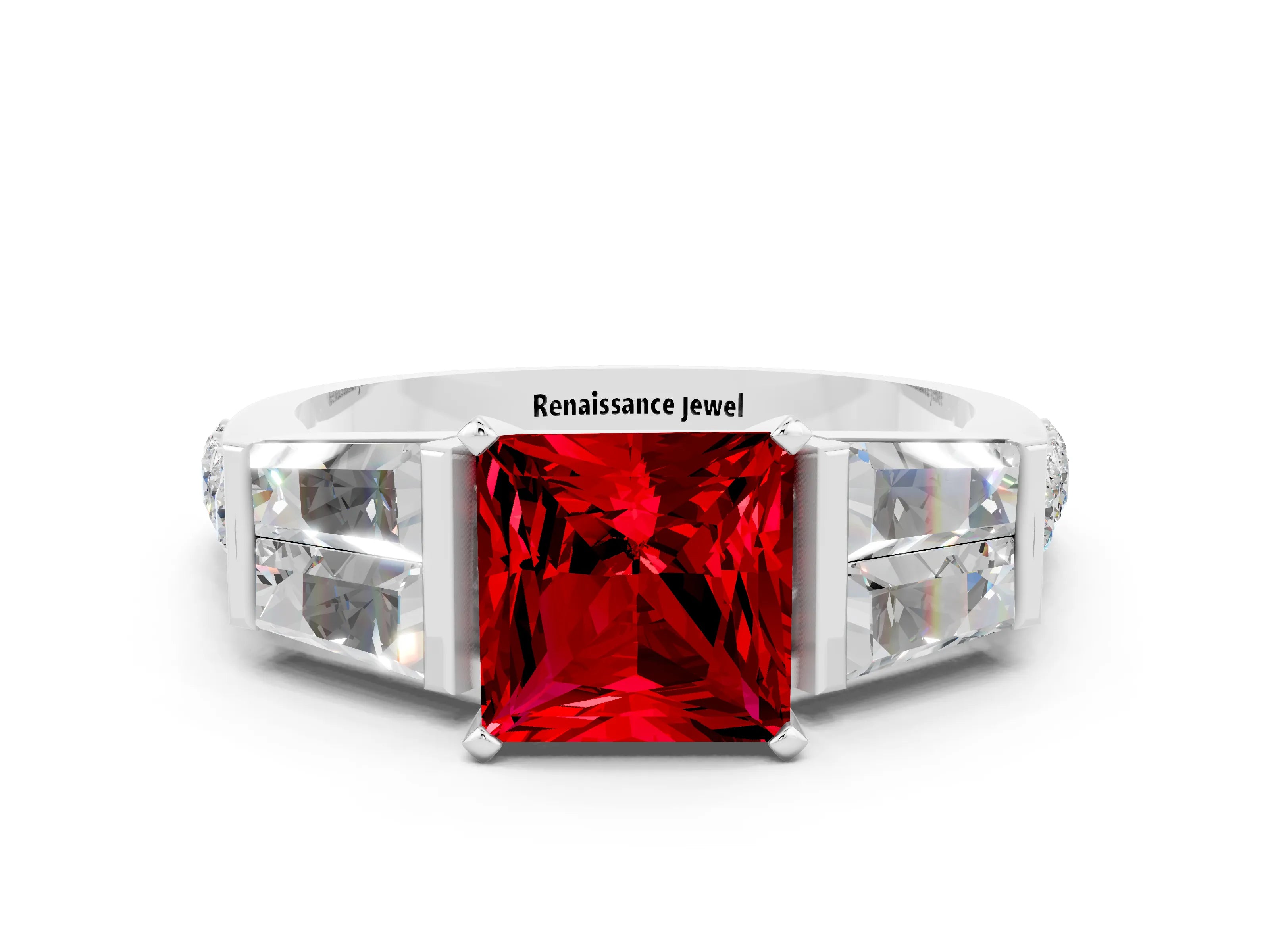 White gold Princess Cut Ruby Engagement Ring with Baguette Side Stones and Channel Set Band