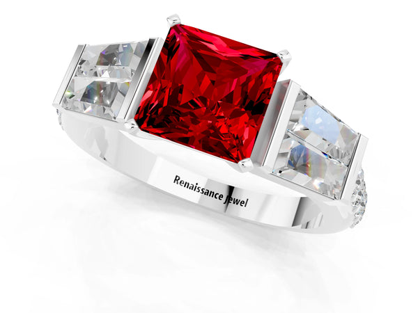 White gold Princess Cut Ruby Engagement Ring with Baguette Side Stones and Channel Set Band