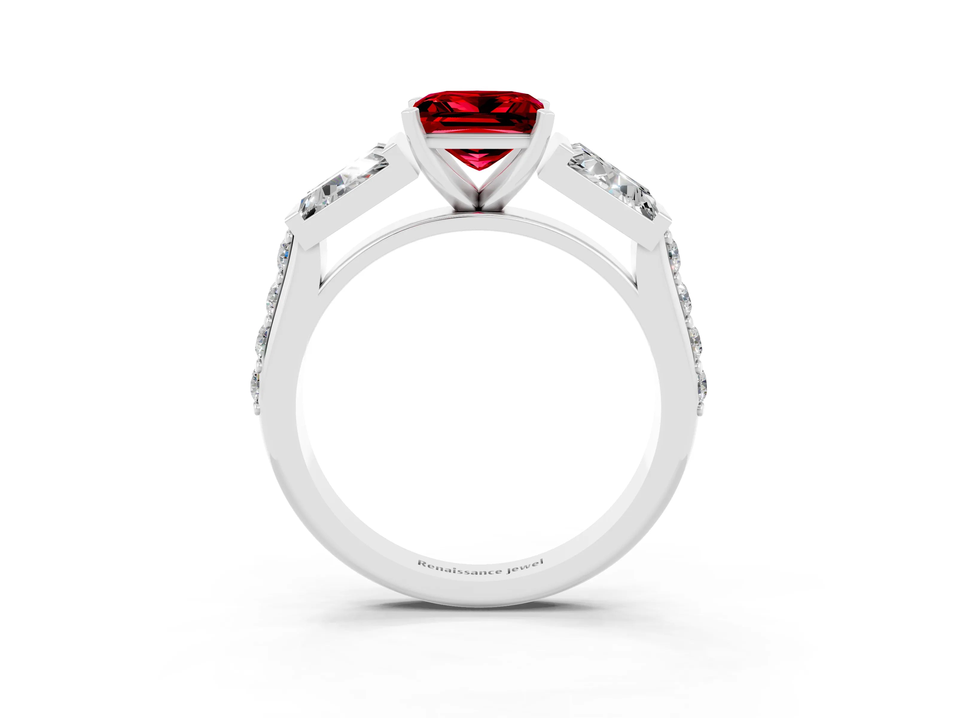 White gold Princess Cut Ruby Engagement Ring with Baguette Side Stones and Channel Set Band_3