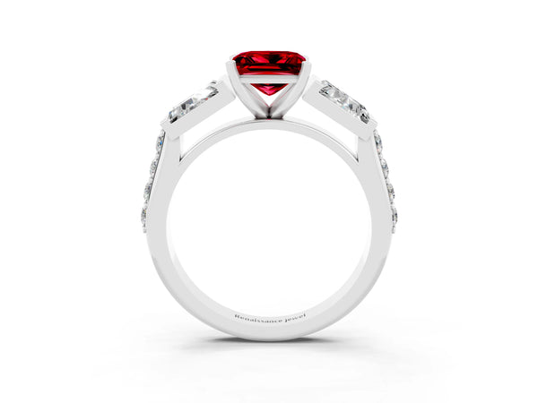 White gold Princess Cut Ruby Engagement Ring with Baguette Side Stones and Channel Set Band
