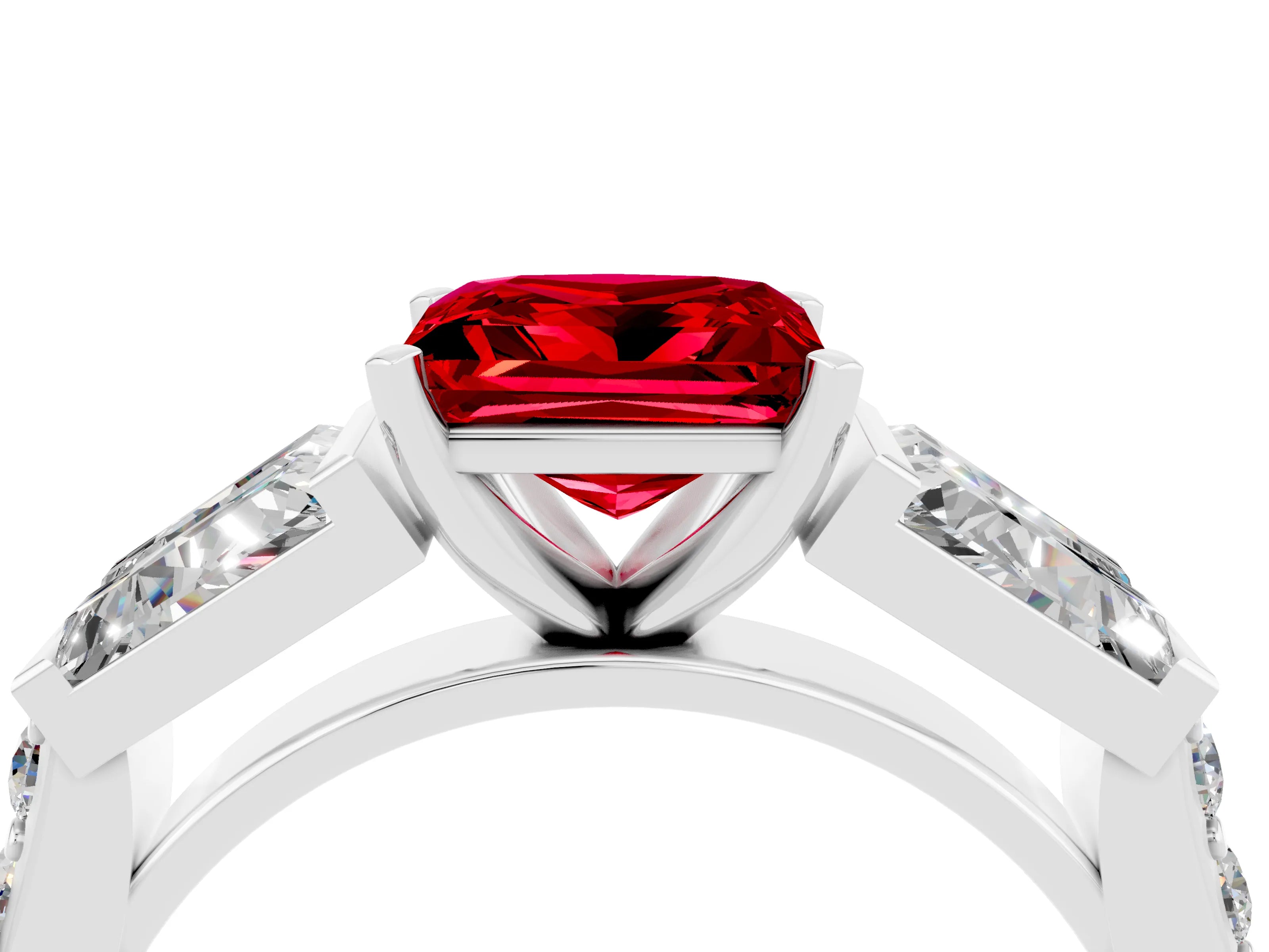 White gold Princess Cut Ruby Engagement Ring with Baguette Side Stones and Channel Set Band_4