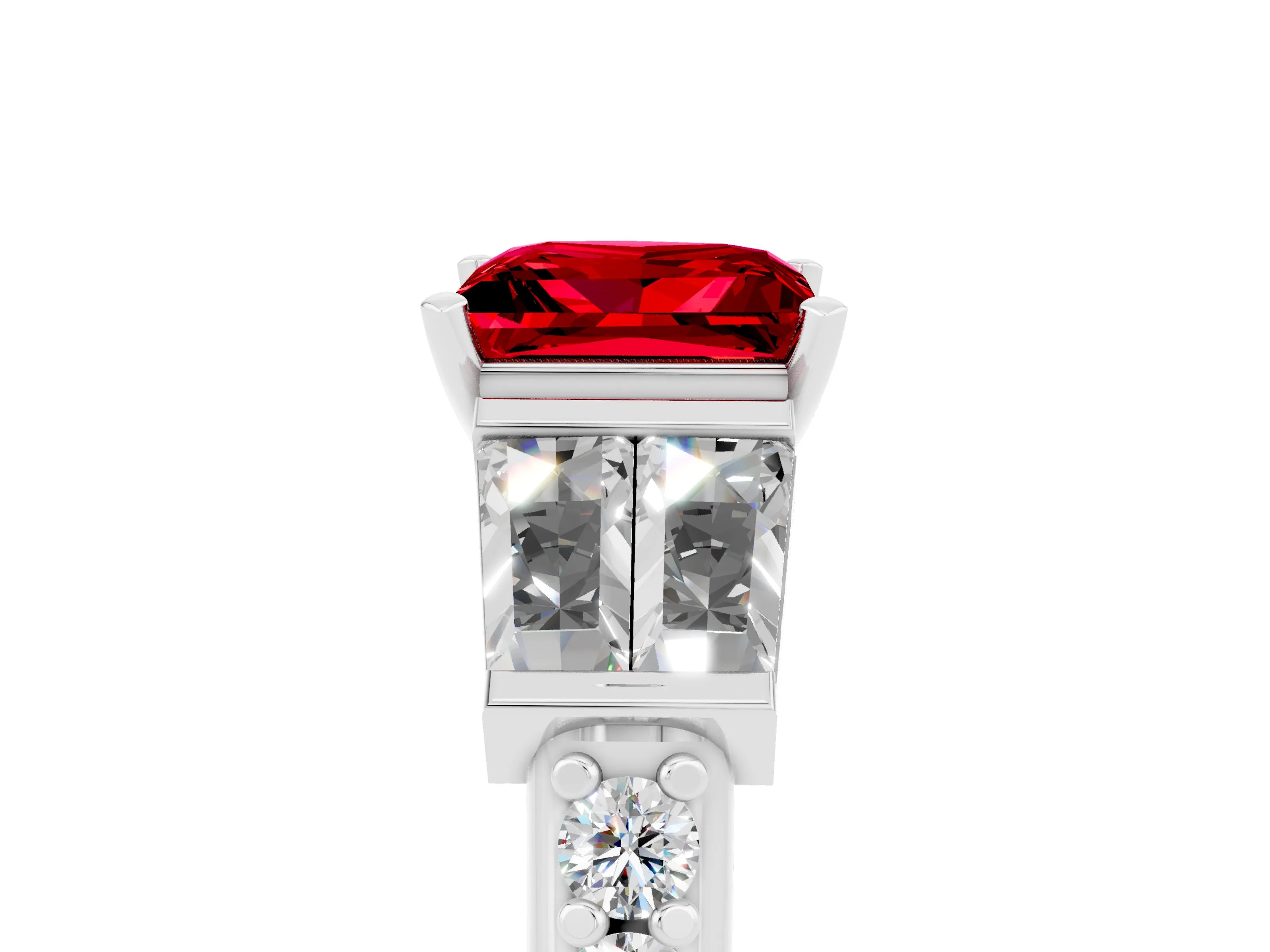 White gold Princess Cut Ruby Engagement Ring with Baguette Side Stones and Channel Set Band_5
