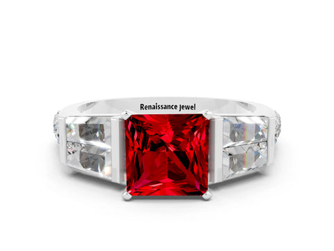 White gold Princess Cut Ruby Engagement Ring with Baguette Side Stones and Channel Set Band