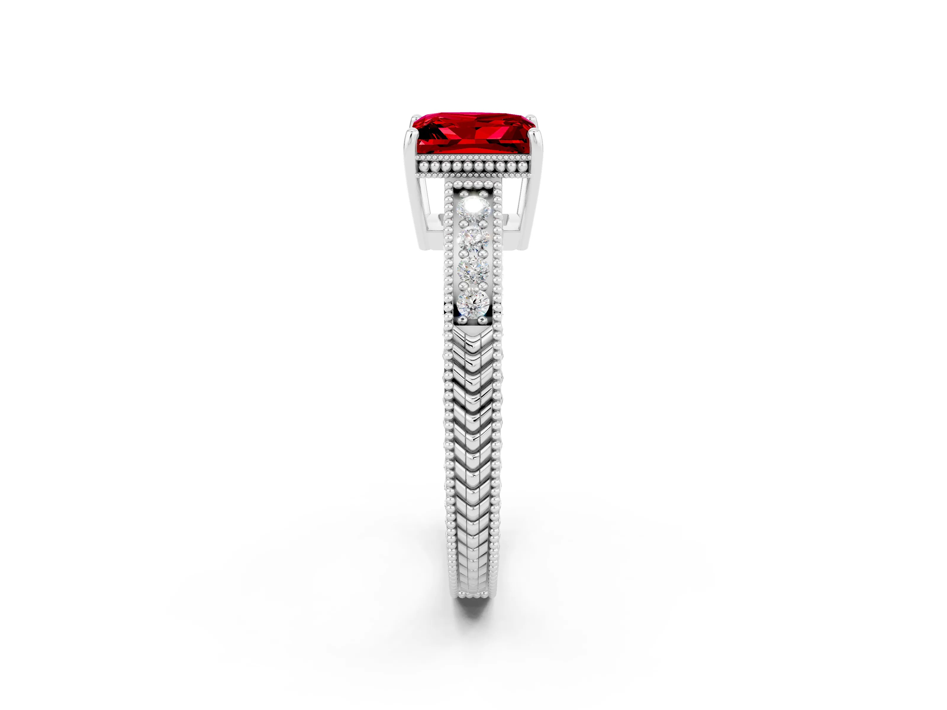 White gold Princess Cut Ruby Engagement Ring with Milgrain Channel Set Band and Prong Setting_2