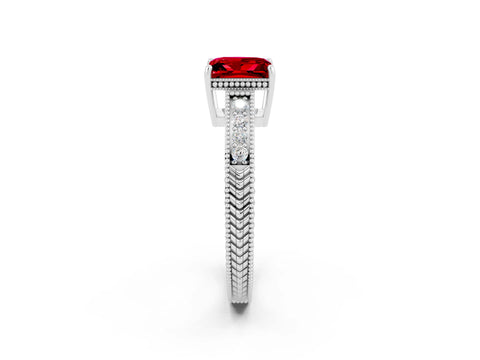 White gold Princess Cut Ruby Engagement Ring with Milgrain Channel Set Band and Prong Setting_2