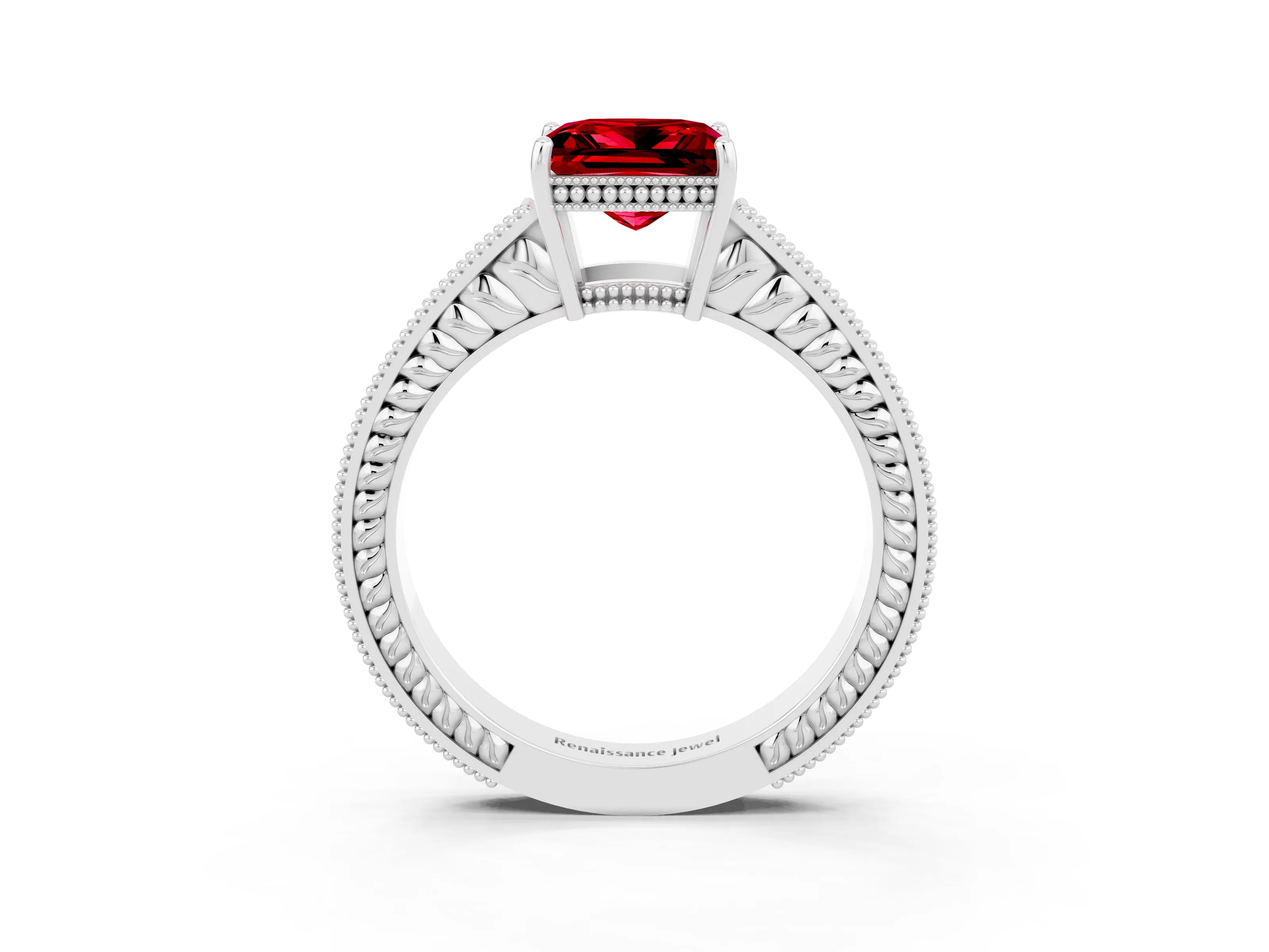White gold Princess Cut Ruby Engagement Ring with Milgrain Channel Set Band and Prong Setting_3