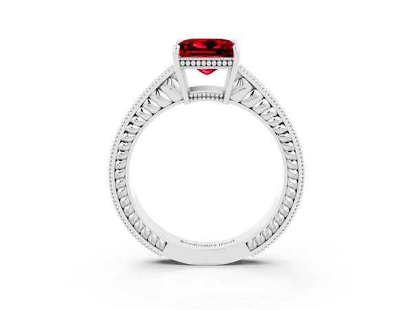 White gold Princess Cut Ruby Engagement Ring with Milgrain Channel Set Band and Prong Setting