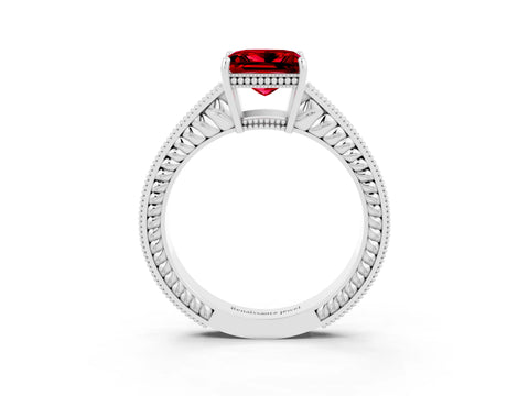 White gold Princess Cut Ruby Engagement Ring with Milgrain Channel Set Band and Prong Setting_3