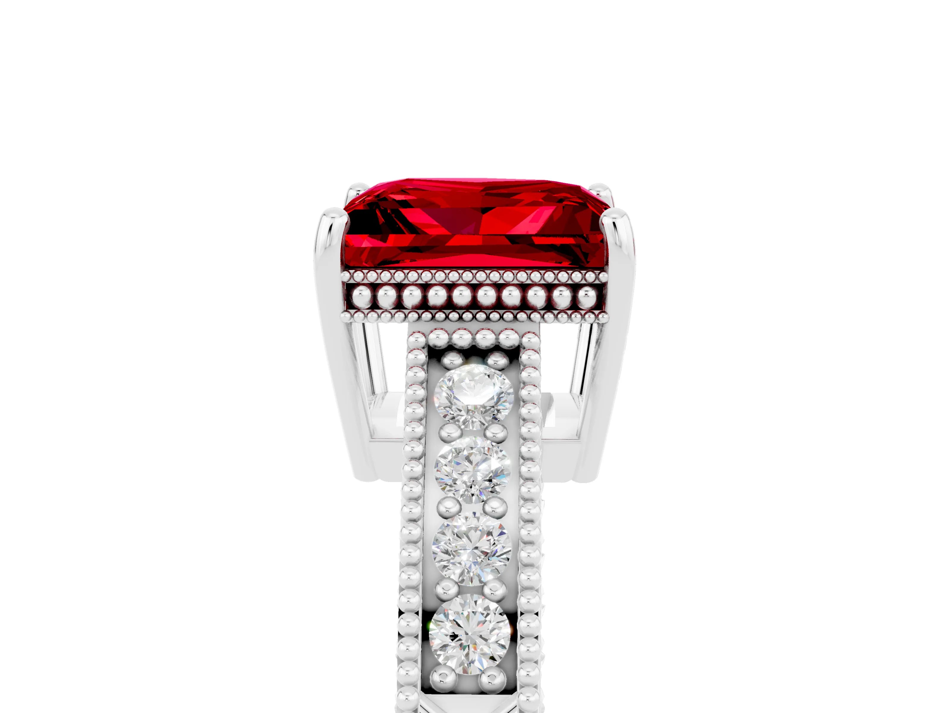 White gold Princess Cut Ruby Engagement Ring with Milgrain Channel Set Band and Prong Setting_5