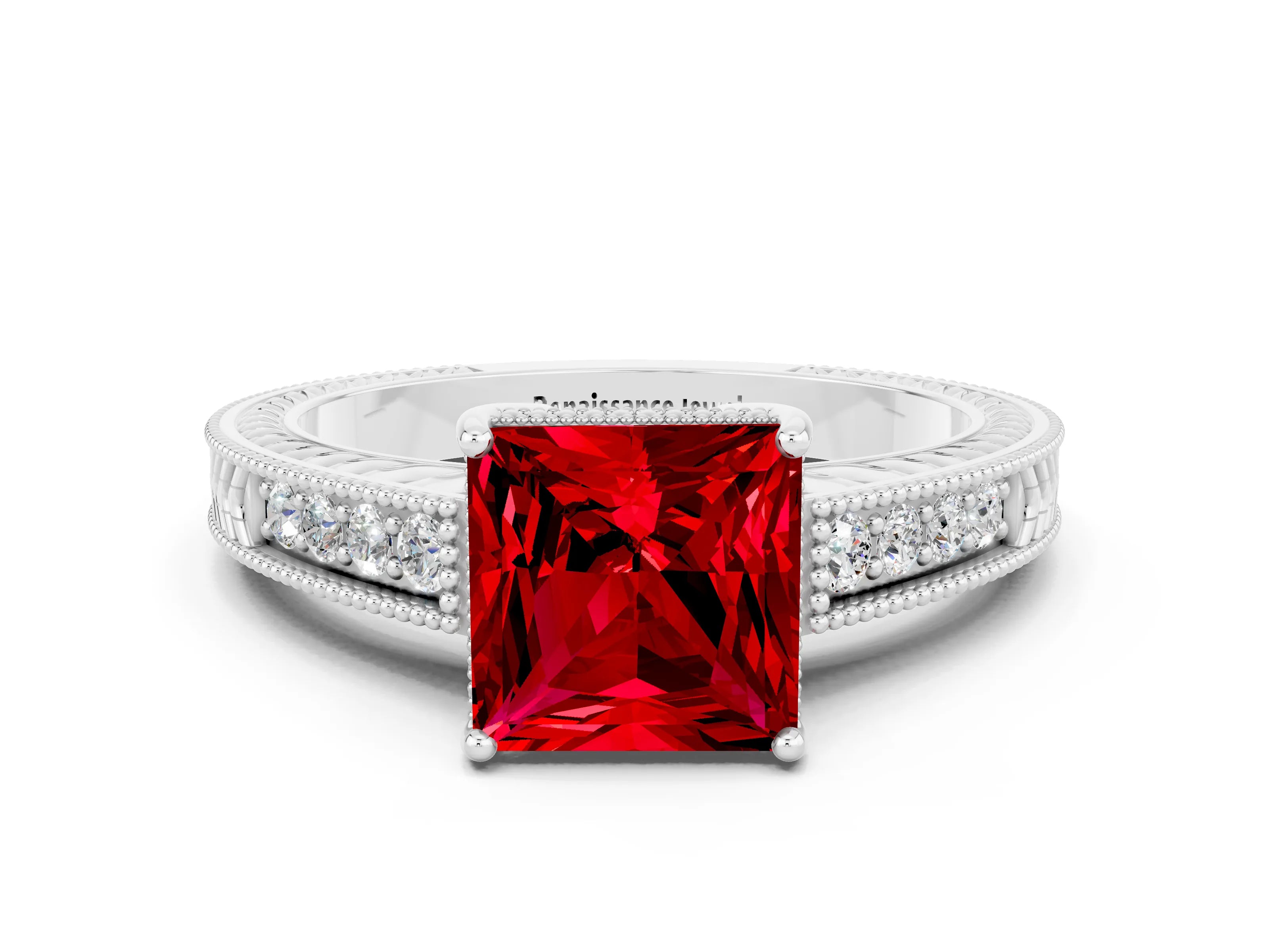 White gold Princess Cut Ruby Engagement Ring with Milgrain Channel Set Band and Prong Setting