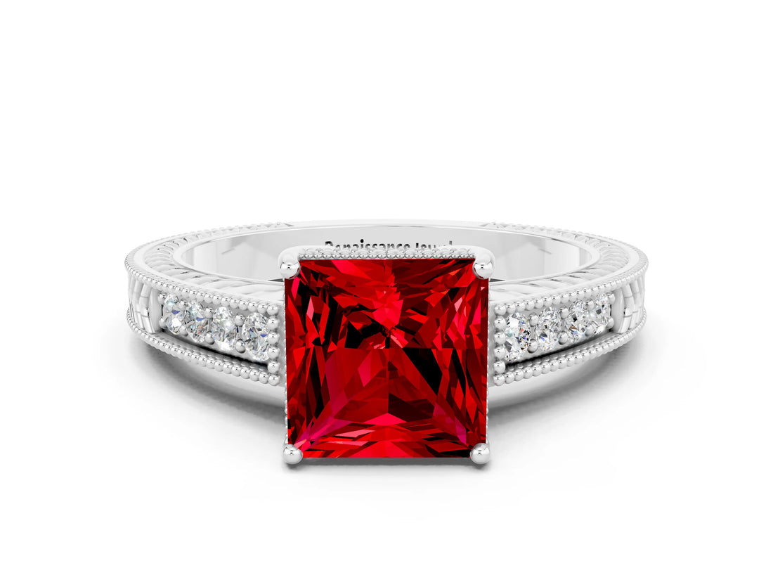 White gold Princess Cut Ruby Engagement Ring with Milgrain Channel Set Band and Prong Setting