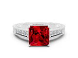 White gold Princess Cut Ruby Engagement Ring with Milgrain Channel Set Band and Prong Setting