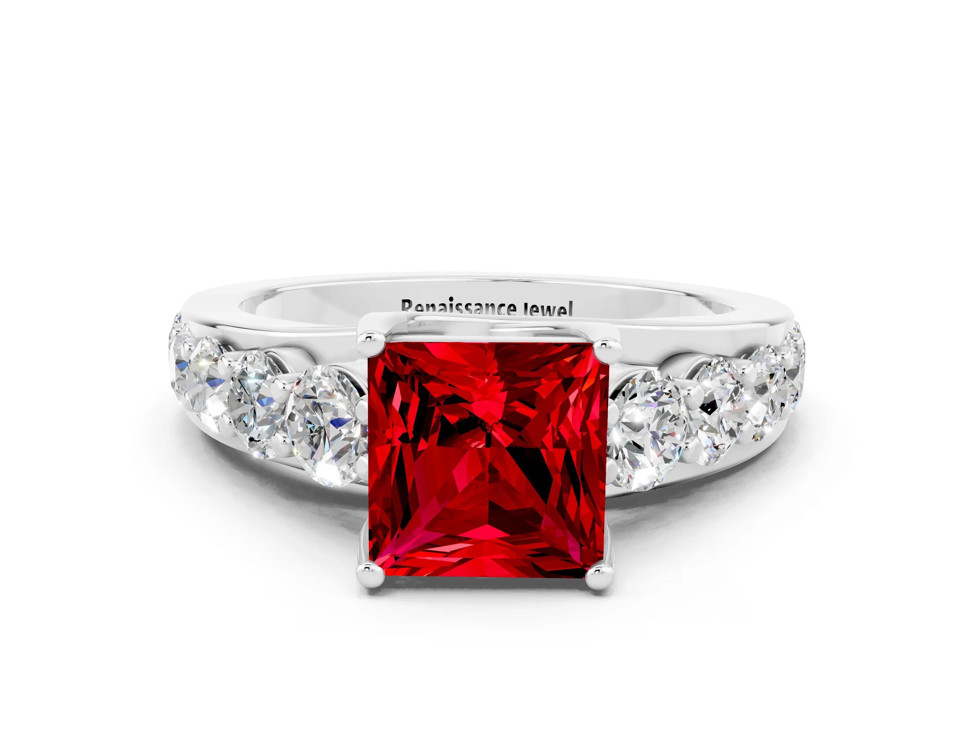 White gold Princess Cut Ruby Engagement Ring with Pavé Band and Four-Prong Setting