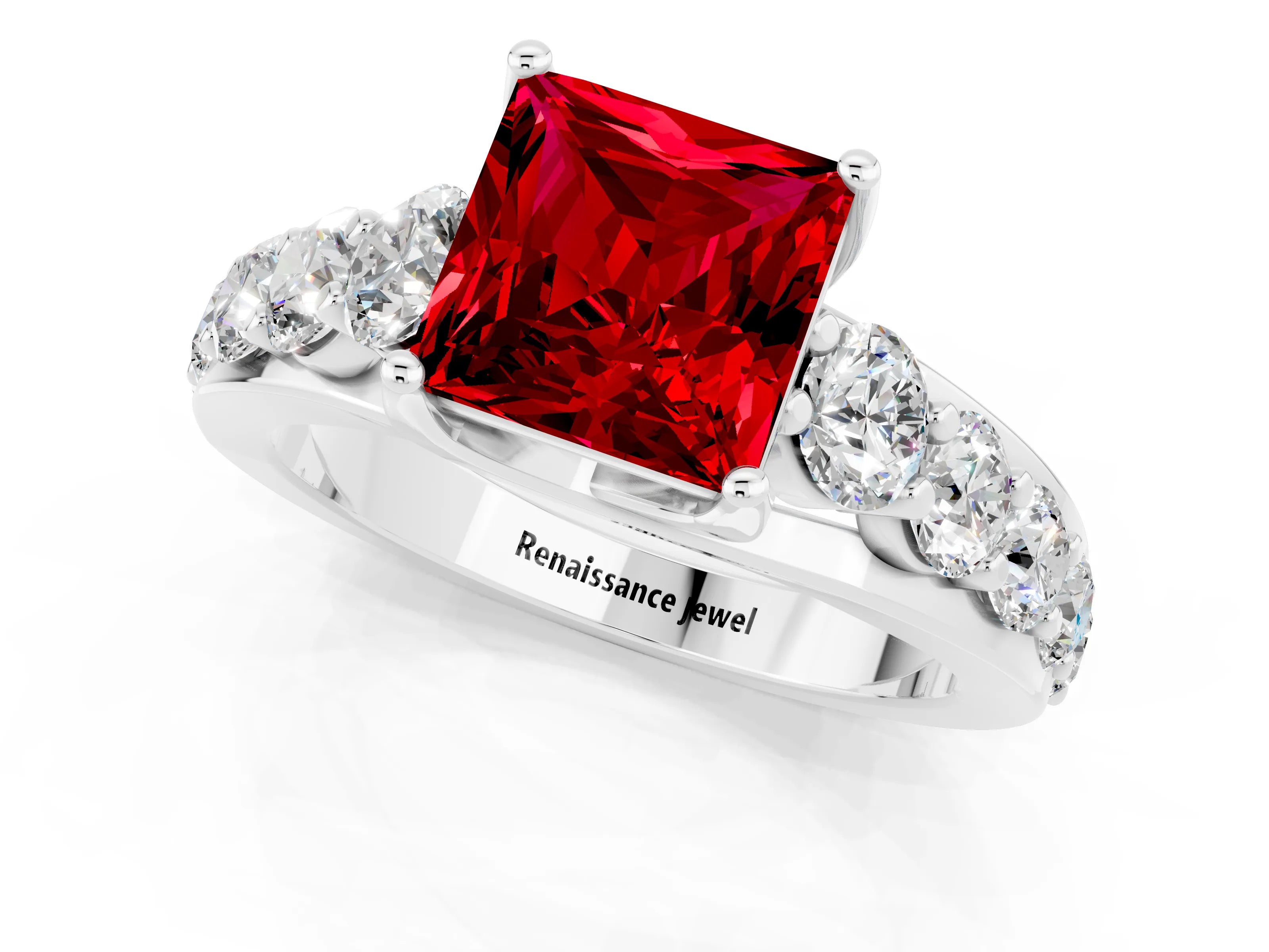 White gold Princess Cut Ruby Engagement Ring with Pavé Band and Four-Prong Setting_1