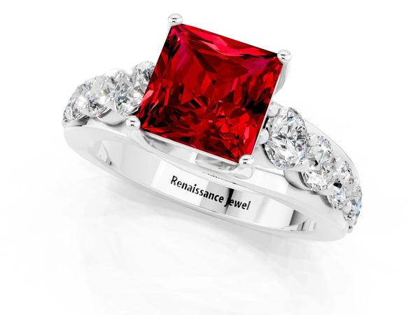 Platinum Princess Cut Ruby Engagement Ring with Pavé Band and Four-Prong Setting