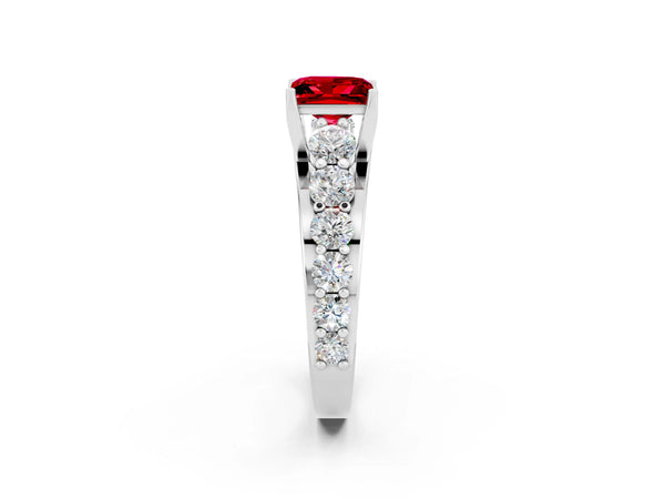 Platinum Princess Cut Ruby Engagement Ring with Pavé Band and Four-Prong Setting