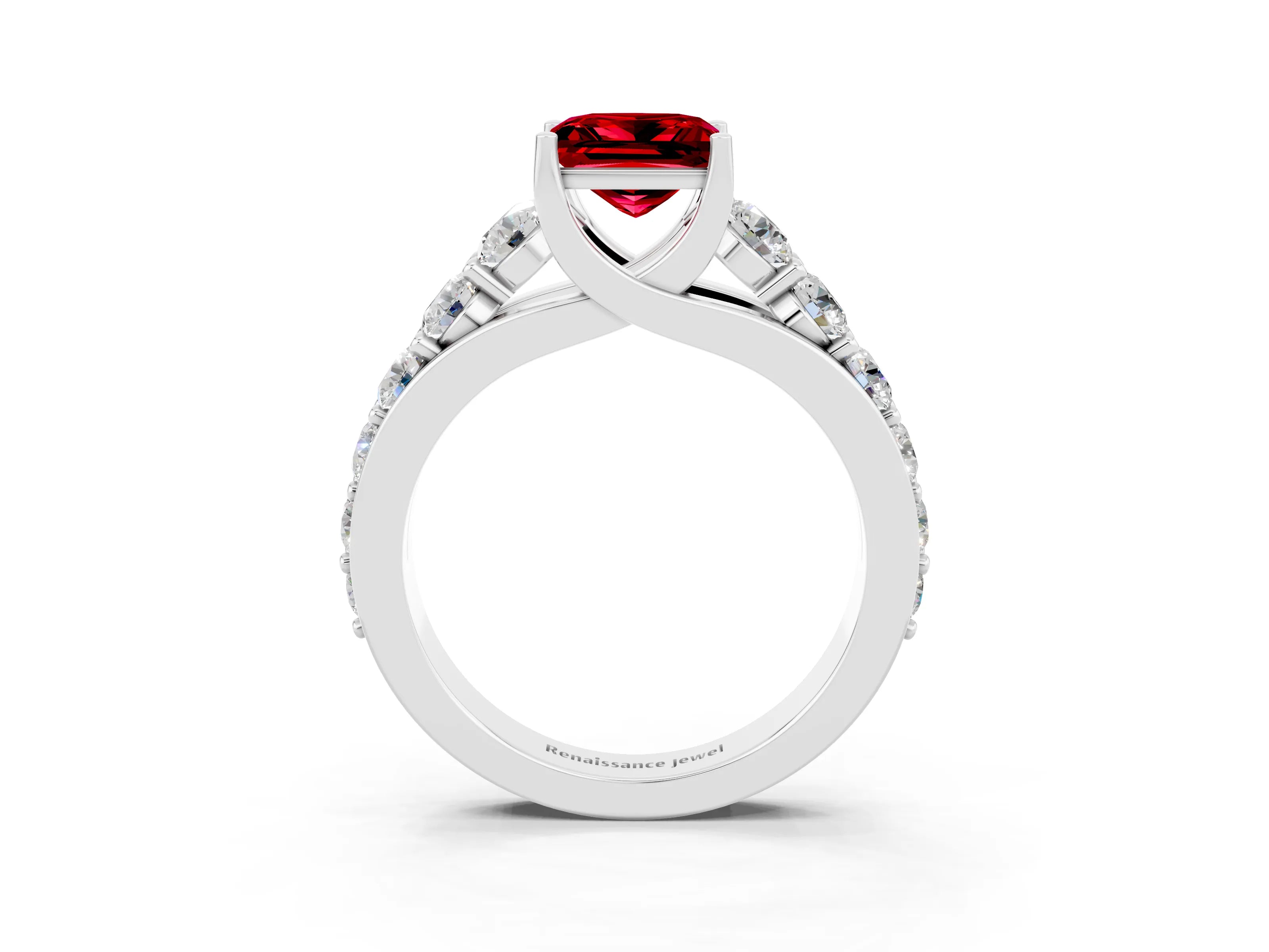 White gold Princess Cut Ruby Engagement Ring with Pavé Band and Four-Prong Setting_3