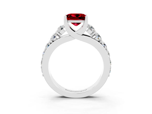 Silver Princess Cut Ruby Engagement Ring with Pavé Band and Four-Prong Setting