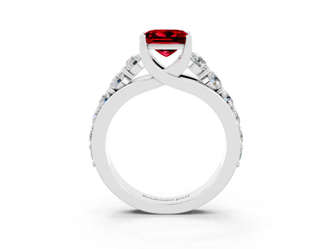 White gold Princess Cut Ruby Engagement Ring with Pavé Band and Four-Prong Setting_3