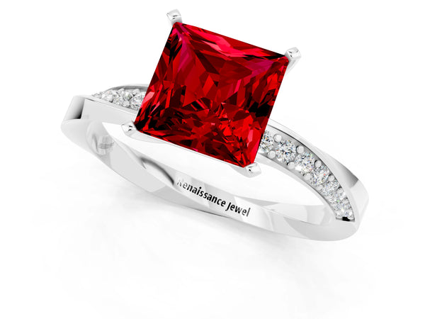 White gold Princess Cut Ruby Engagement Ring with Side Stone Accents and Four-Prong Setting