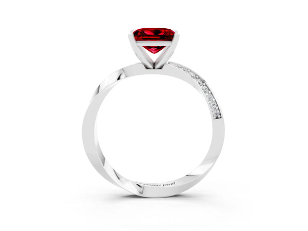 White gold Princess Cut Ruby Engagement Ring with Side Stone Accents and Four-Prong Setting