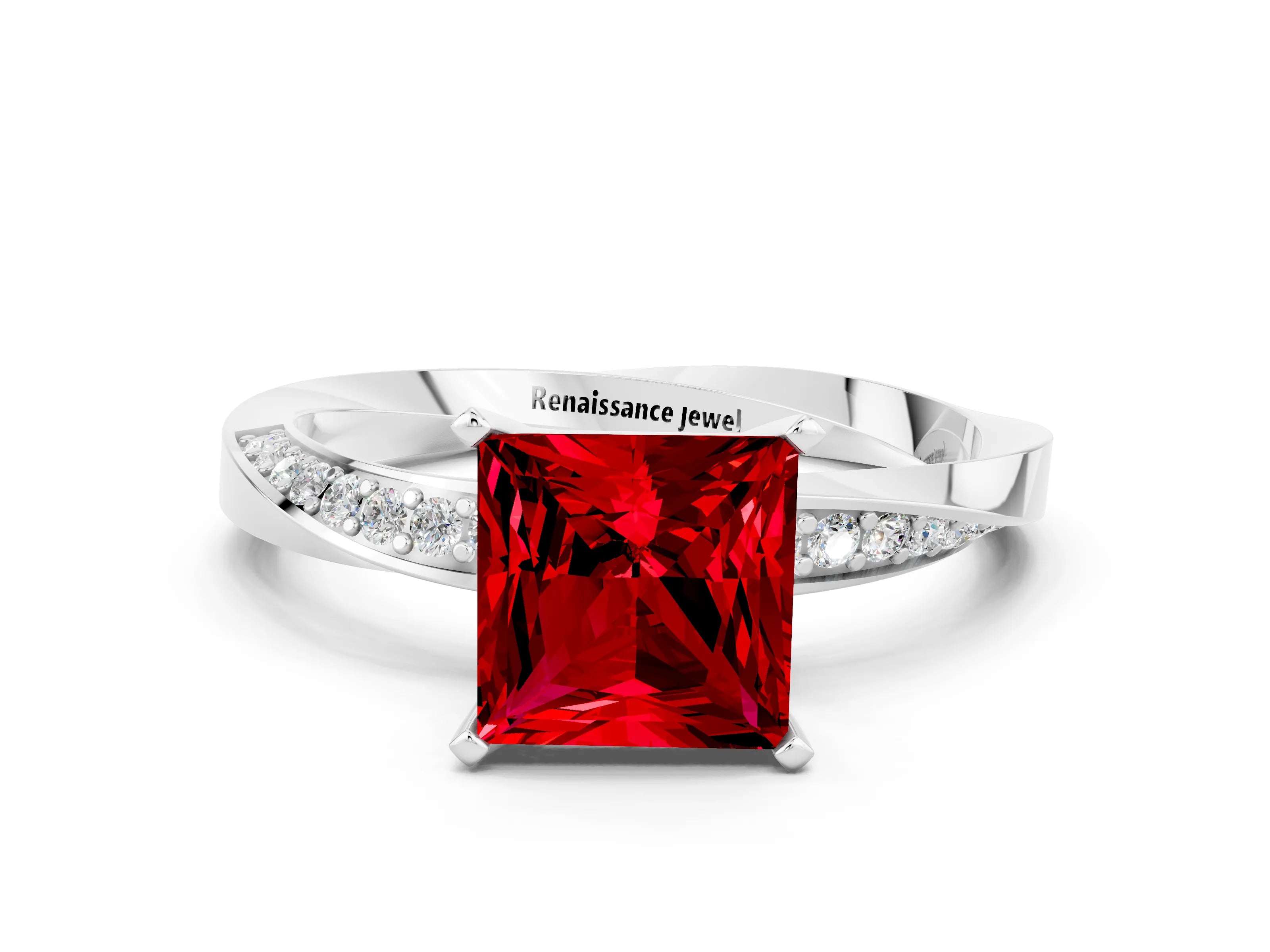 White gold Princess Cut Ruby Engagement Ring with Side Stone Accents and Four-Prong Setting_39