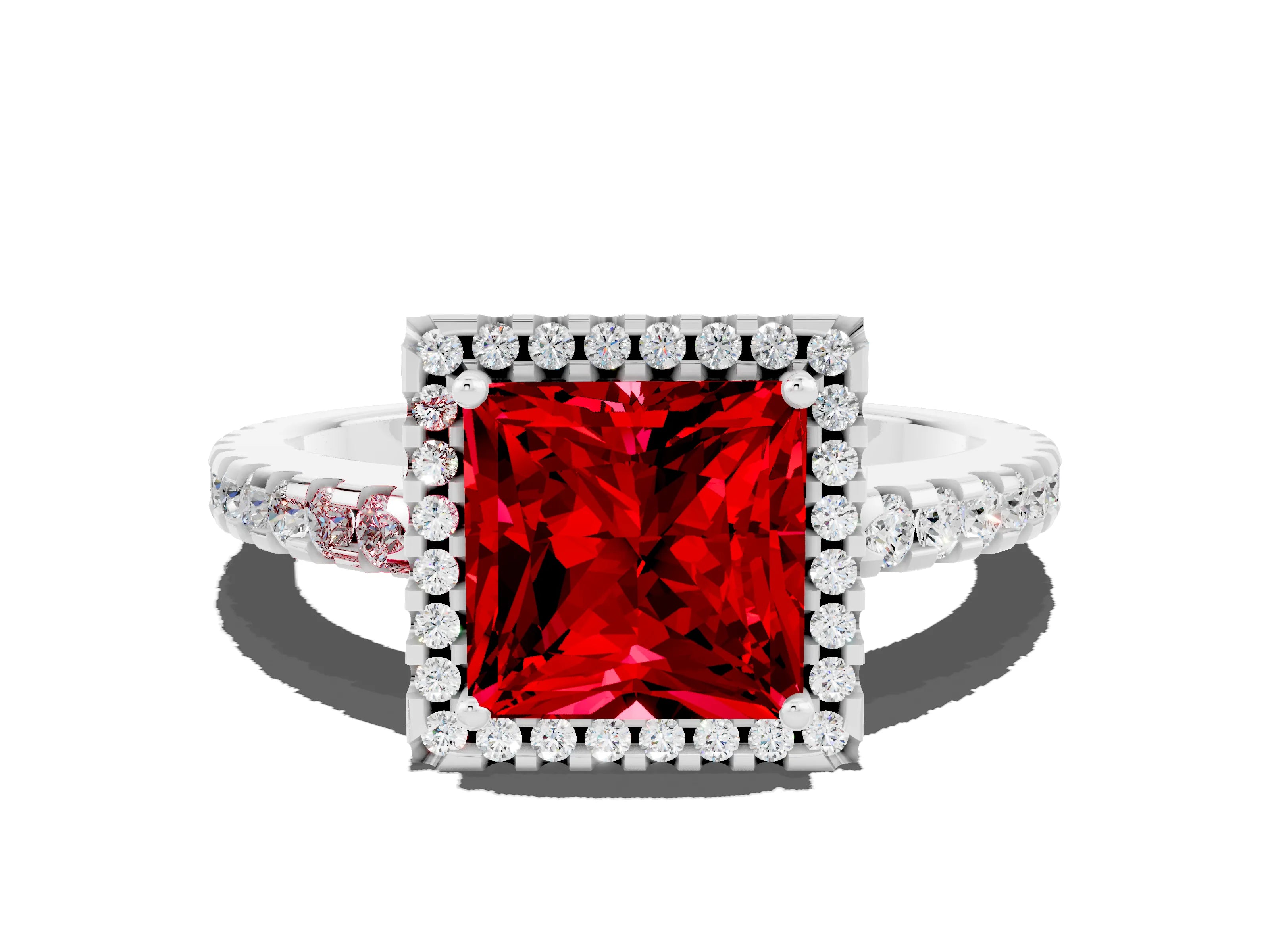 White gold Princess Cut Ruby Halo Engagement Ring with Pavé Band and Prong Setting_12
