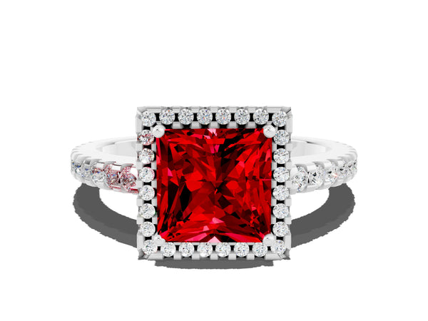 White gold Princess Cut Ruby Halo Engagement Ring with Pavé Band and Prong Setting