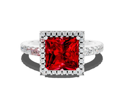 White gold Princess Cut Ruby Halo Engagement Ring with Pavé Band and Prong Setting_12