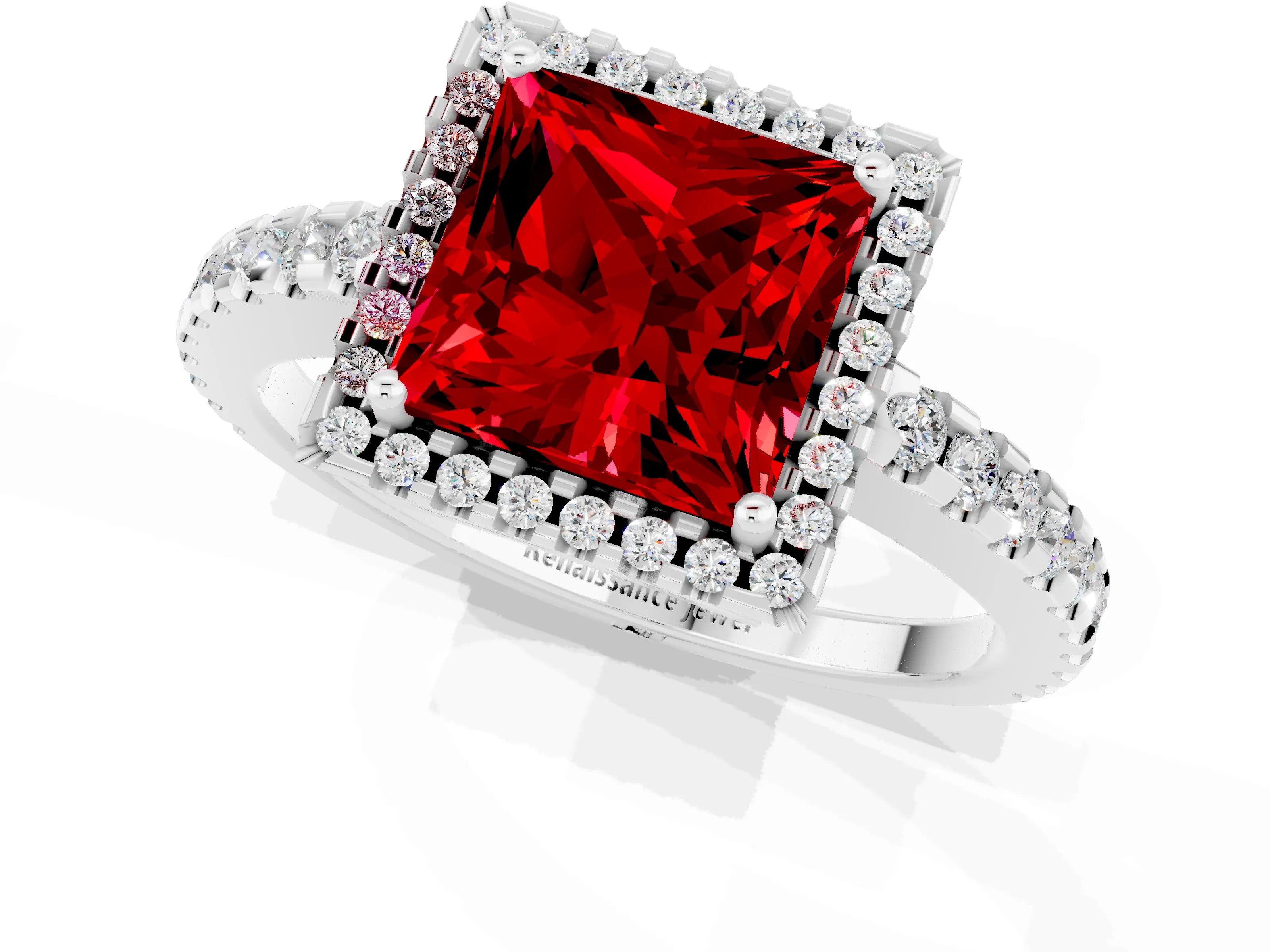 White gold Princess Cut Ruby Halo Engagement Ring with Pavé Band and Prong Setting_13