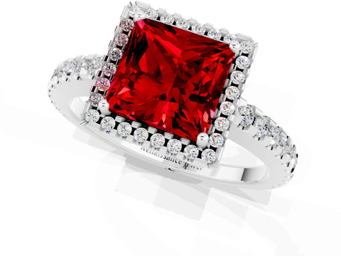 White gold Princess Cut Ruby Halo Engagement Ring with Pavé Band and Prong Setting_13