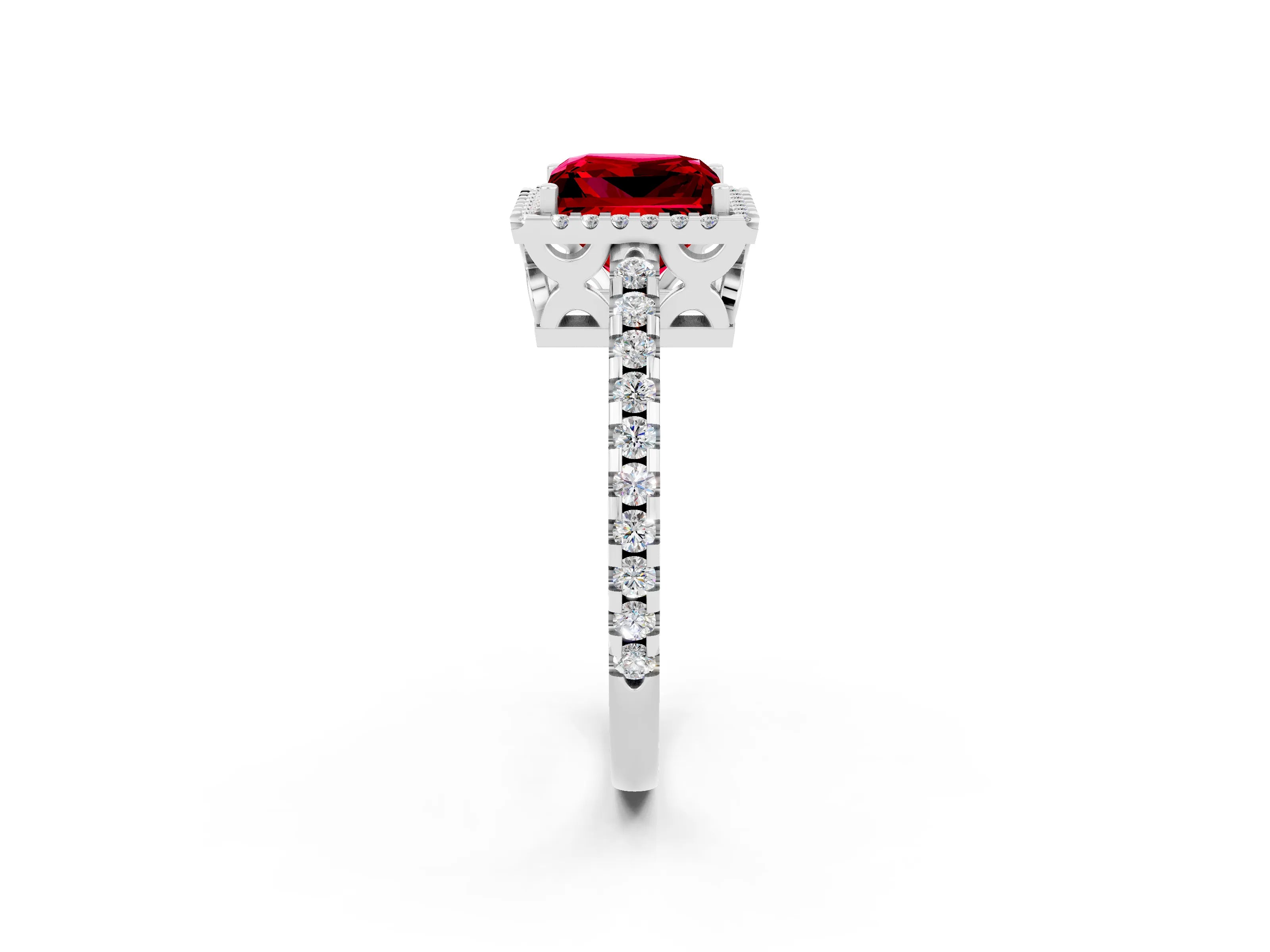 White gold Princess Cut Ruby Halo Engagement Ring with Pavé Band and Prong Setting_14