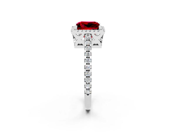 Silver Princess Cut Ruby Halo Engagement Ring with Pavé Band and Prong Setting