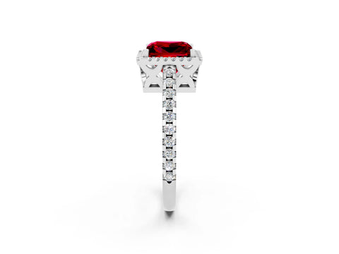 White gold Princess Cut Ruby Halo Engagement Ring with Pavé Band and Prong Setting_14