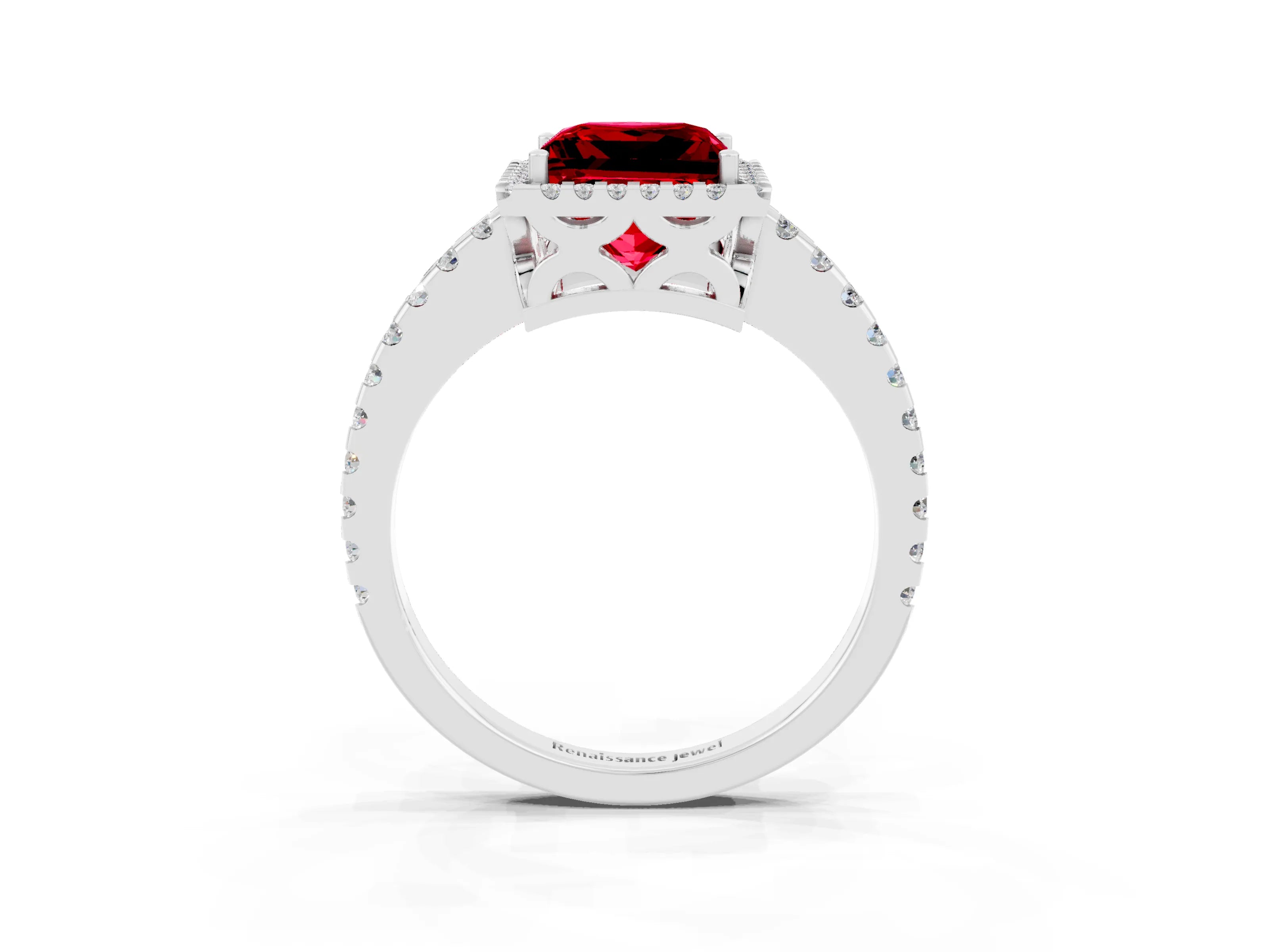 White gold Princess Cut Ruby Halo Engagement Ring with Pavé Band and Prong Setting_15