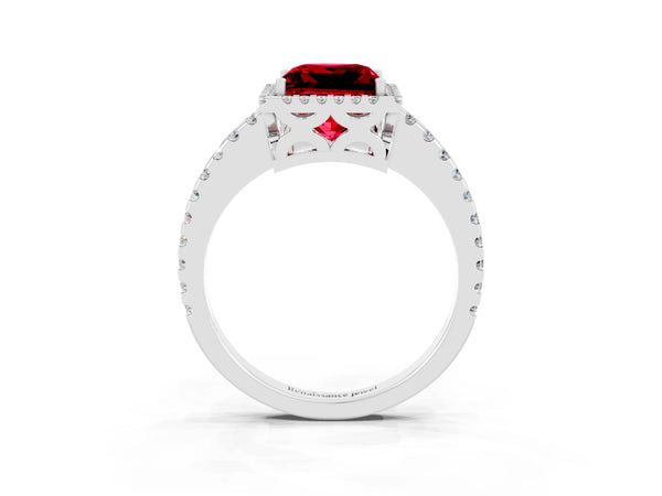 Platinum Princess Cut Ruby Halo Engagement Ring with Pavé Band and Prong Setting