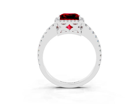 White gold Princess Cut Ruby Halo Engagement Ring with Pavé Band and Prong Setting_15