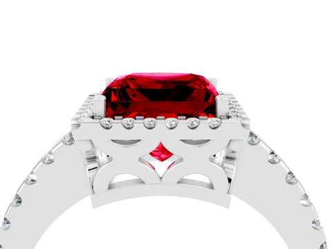 White gold Princess Cut Ruby Halo Engagement Ring with Pavé Band and Prong Setting_16