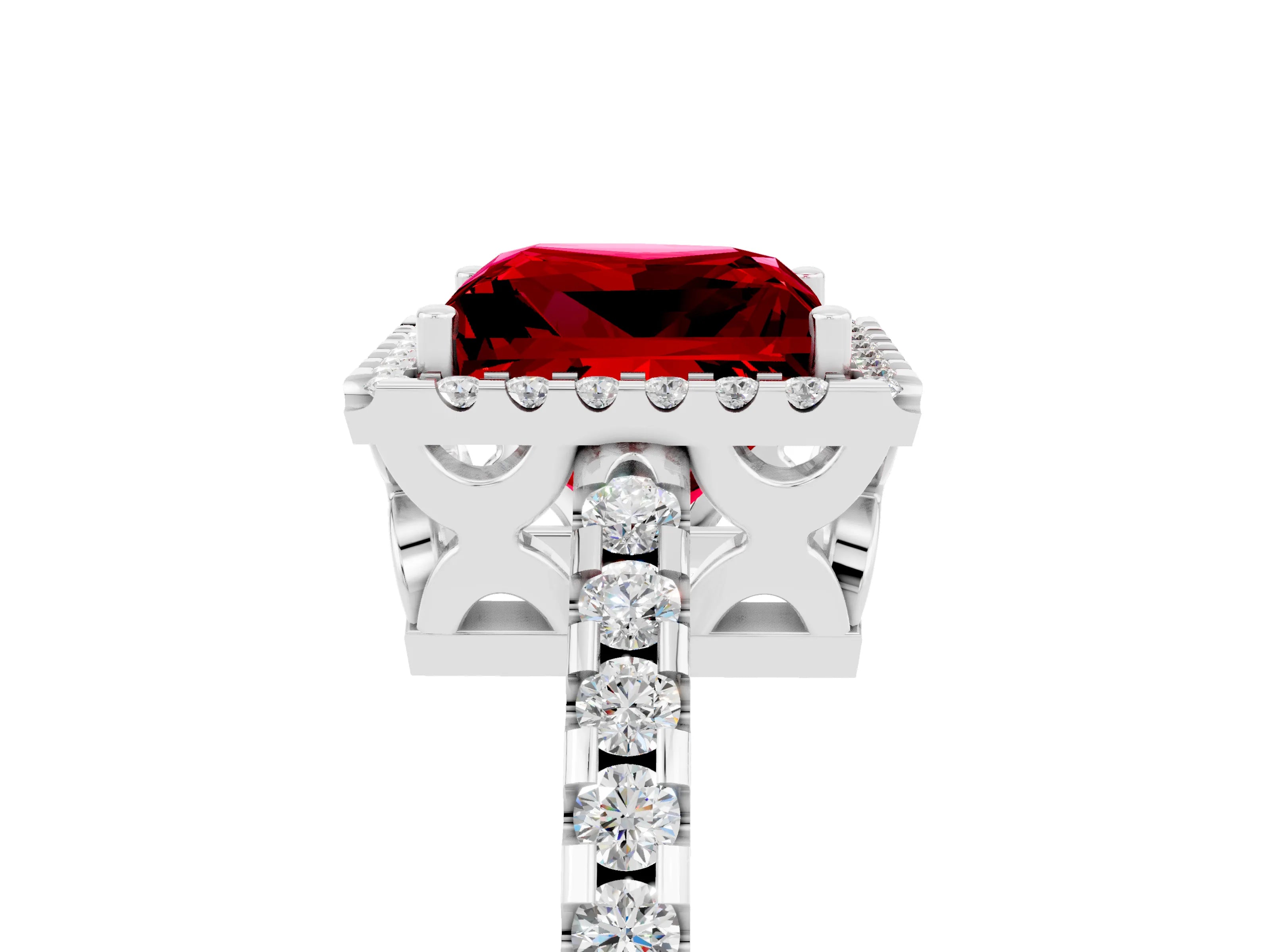 White gold Princess Cut Ruby Halo Engagement Ring with Pavé Band and Prong Setting_17