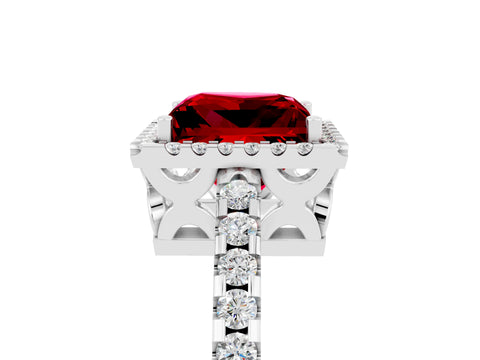 White gold Princess Cut Ruby Halo Engagement Ring with Pavé Band and Prong Setting_17