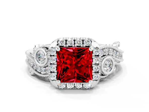 Silver Princess Cut Ruby Halo Ring with Milgrain Pavé Band and Four-Prong Setting