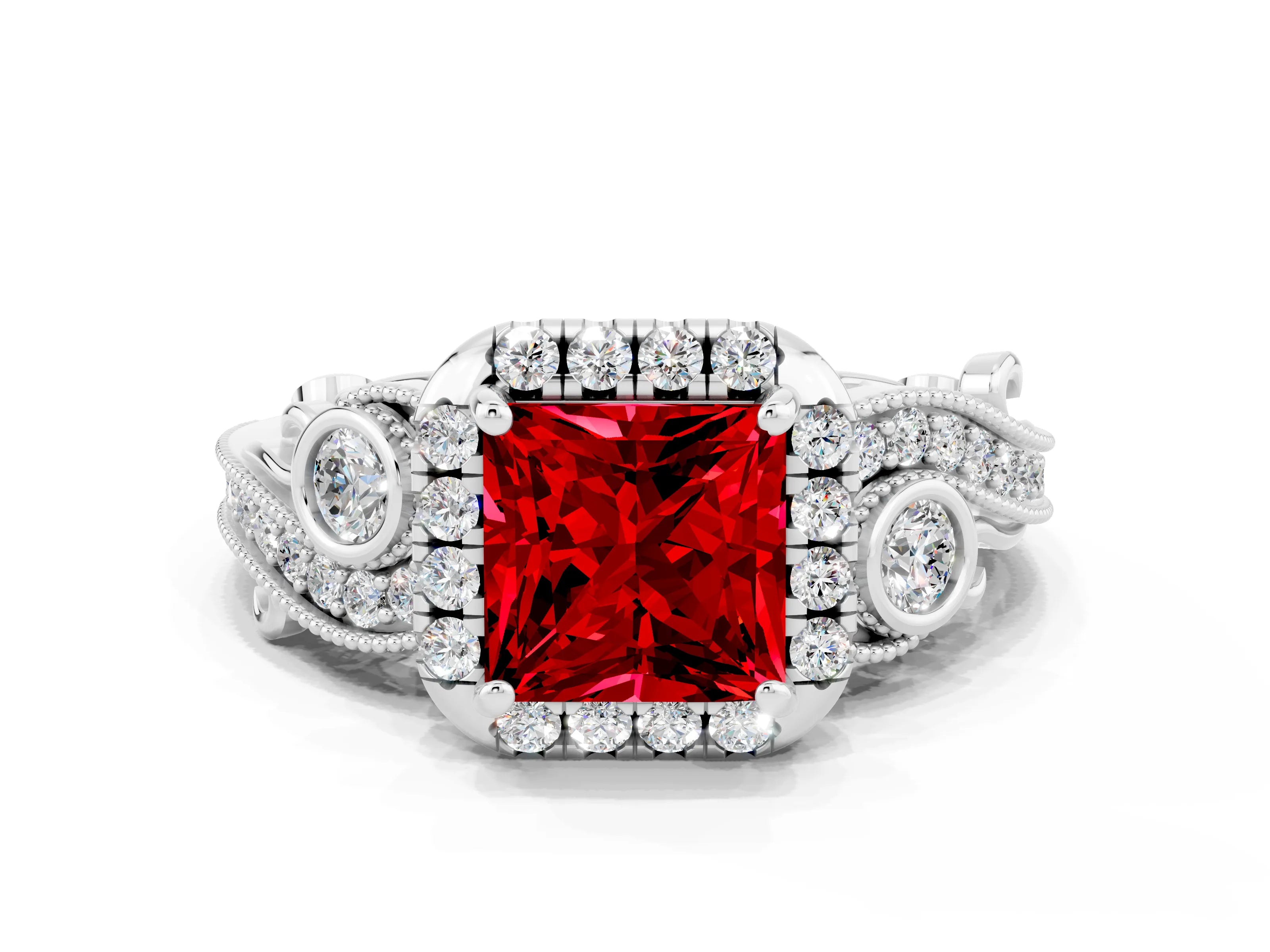 White gold Princess Cut Ruby Halo Ring with Milgrain Pavé Band and Four-Prong Setting_12