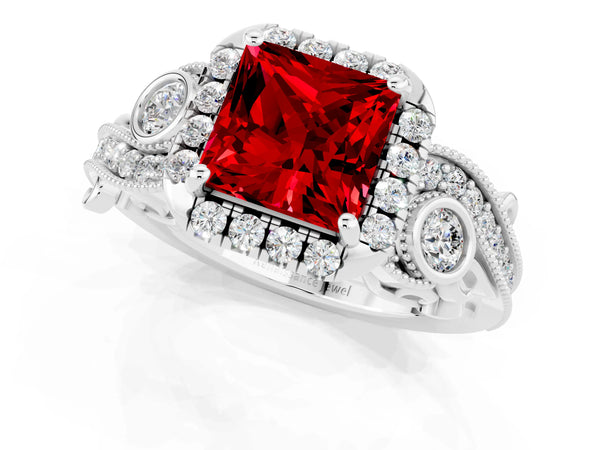 White gold Princess Cut Ruby Halo Ring with Milgrain Pavé Band and Four-Prong Setting