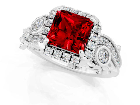 White gold Princess Cut Ruby Halo Ring with Milgrain Pavé Band and Four-Prong Setting_13