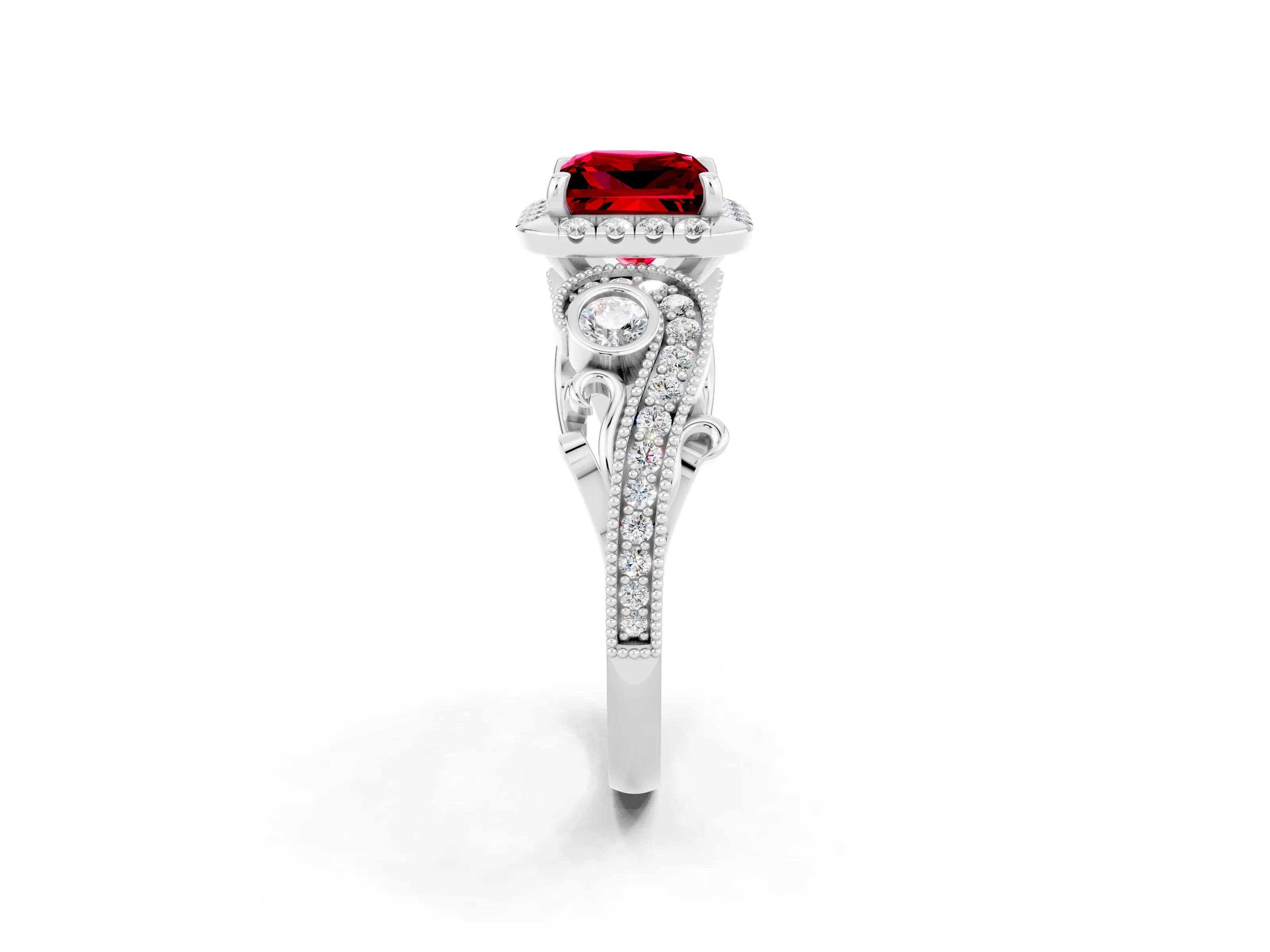 White gold Princess Cut Ruby Halo Ring with Milgrain Pavé Band and Four-Prong Setting_14