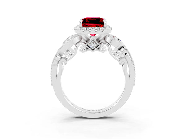 Platinum Princess Cut Ruby Halo Ring with Milgrain Pavé Band and Four-Prong Setting
