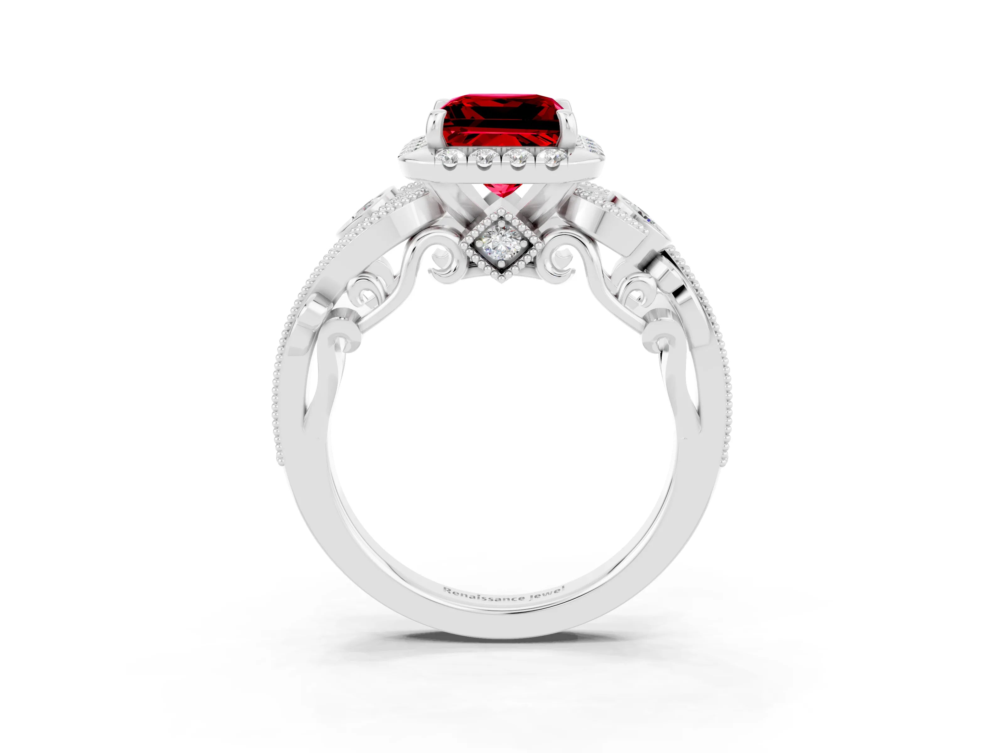 White gold Princess Cut Ruby Halo Ring with Milgrain Pavé Band and Four-Prong Setting_15