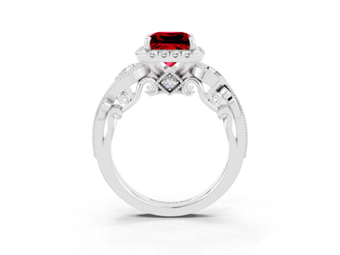 White gold Princess Cut Ruby Halo Ring with Milgrain Pavé Band and Four-Prong Setting_15
