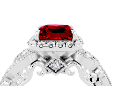 White gold Princess Cut Ruby Halo Ring with Milgrain Pavé Band and Four-Prong Setting_16