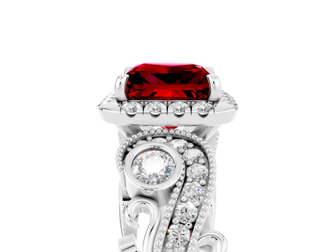 White gold Princess Cut Ruby Halo Ring with Milgrain Pavé Band and Four-Prong Setting_17